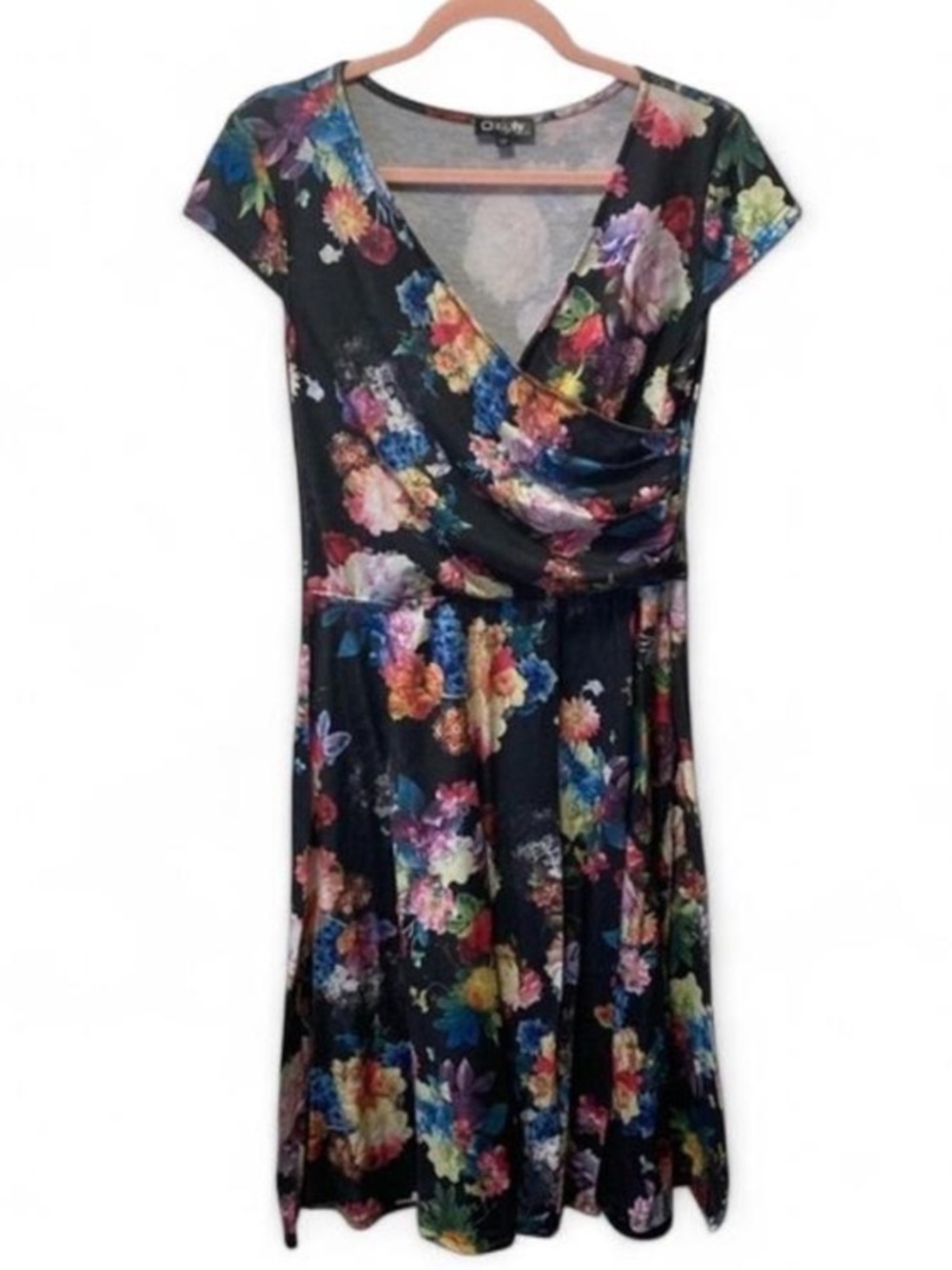 Black Floral Wrap-Style Midi Dress